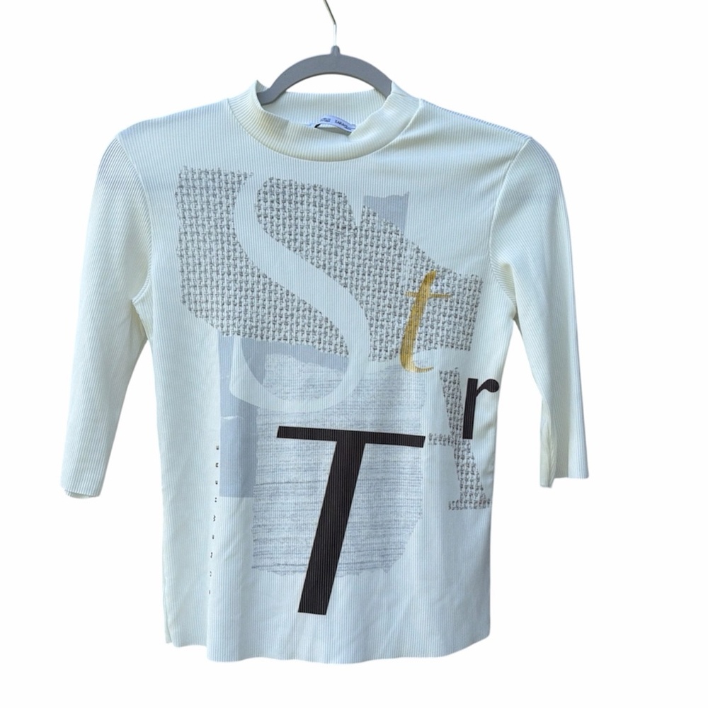 Zara W&B Collection Mock Neck Multicolor 3/4 Sleeve Ribbed Fitted Top WM SZ M